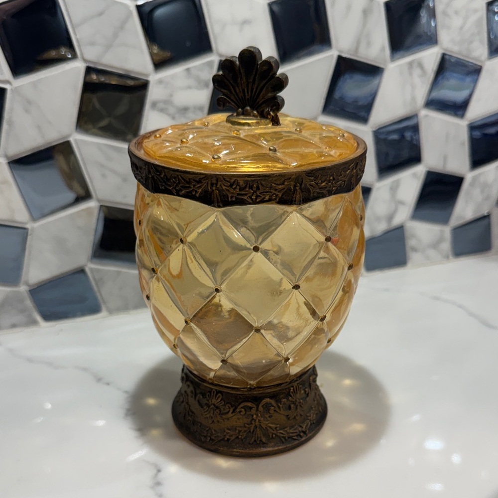 Vintage Amber Jar with Ornate Bronze Base